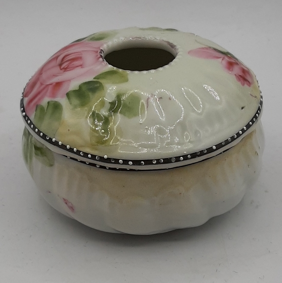 Antique Vintage Hair Receiver Hand Painted Pink Roses Green Leaves Porcelain - Picture 4 of 8